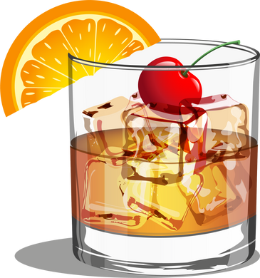 Old fashioned alcoholic drink in a glass goblet with ice cherry and orange on an isolated background